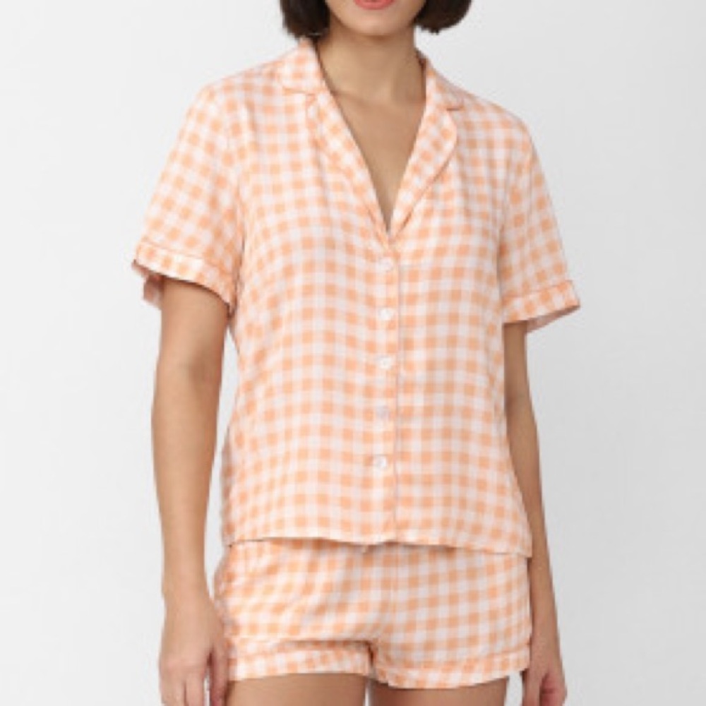 🎉SALE Orange Gingham Pajamas Button-Up Top with Matching Shorts